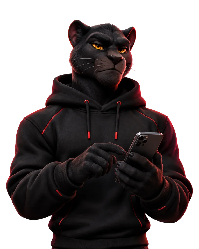 Pantera oficial CHAMPX, de moletom preto, olhos âmbar e celular nas mãos.